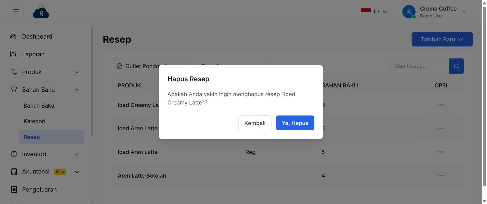 Dialog konfirmasi hapus resep menyebutkan nama produk