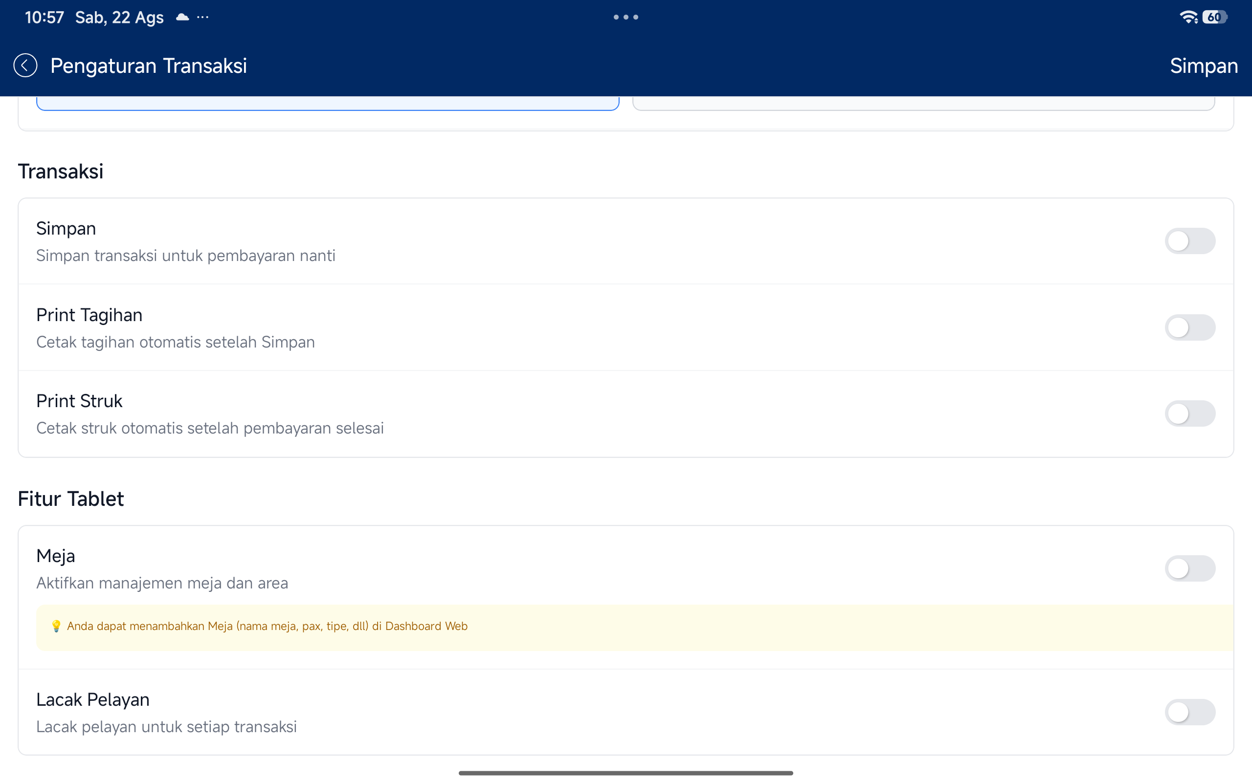 Transaksi dan Fitur Tablet