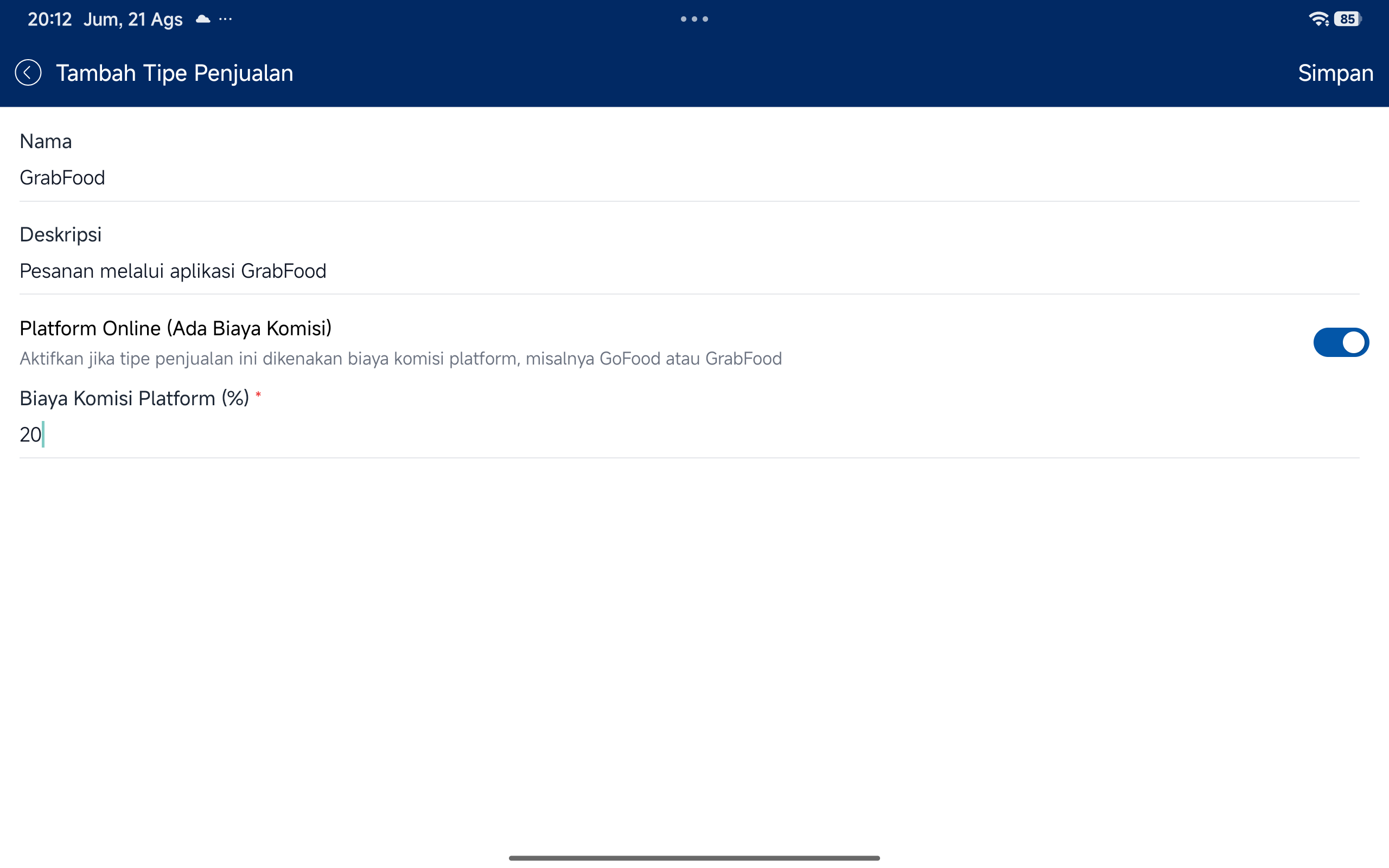 Form Tambah Tipe Penjualan terisi dengan Platform Online aktif
