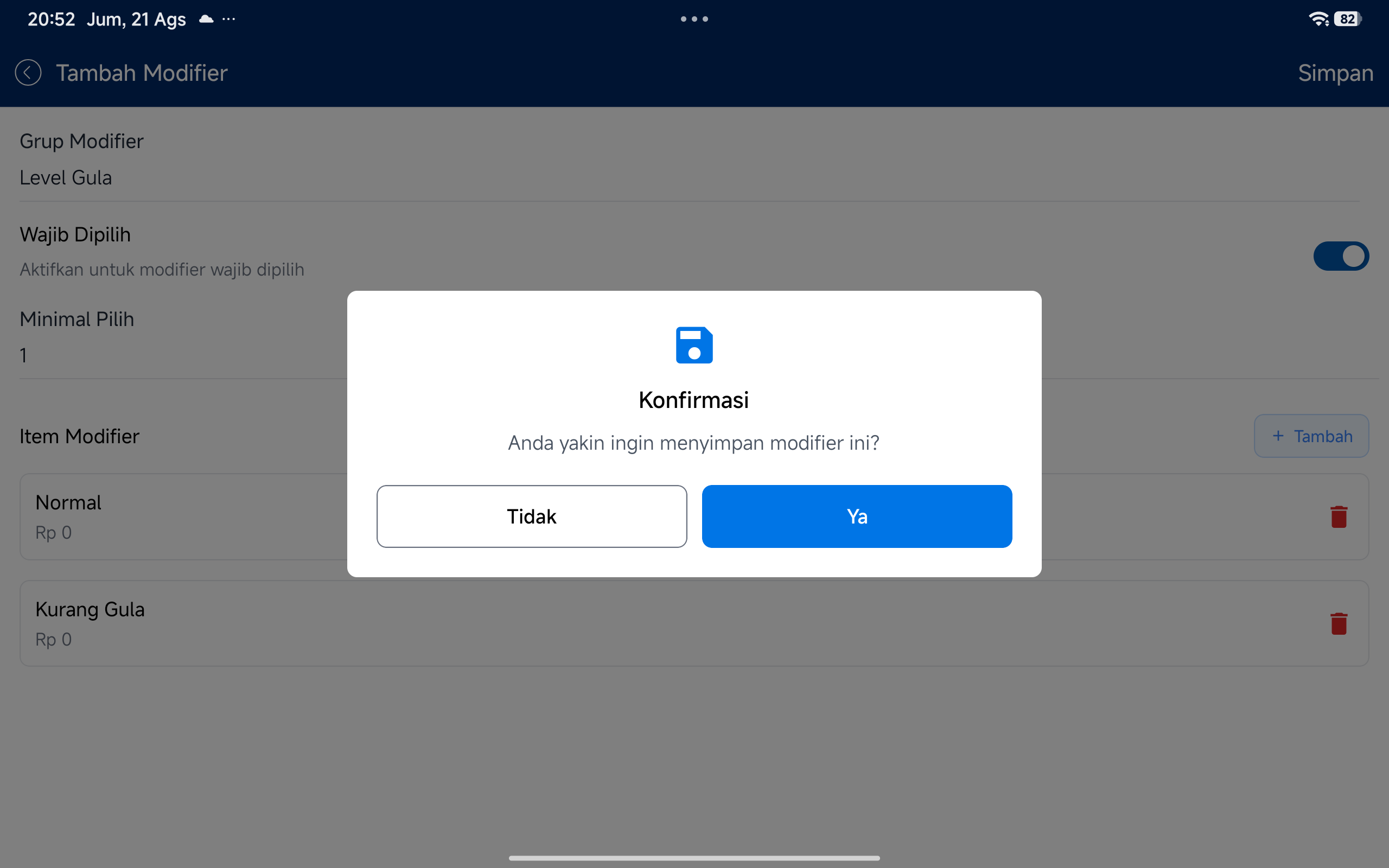 Dialog konfirmasi simpan modifier
