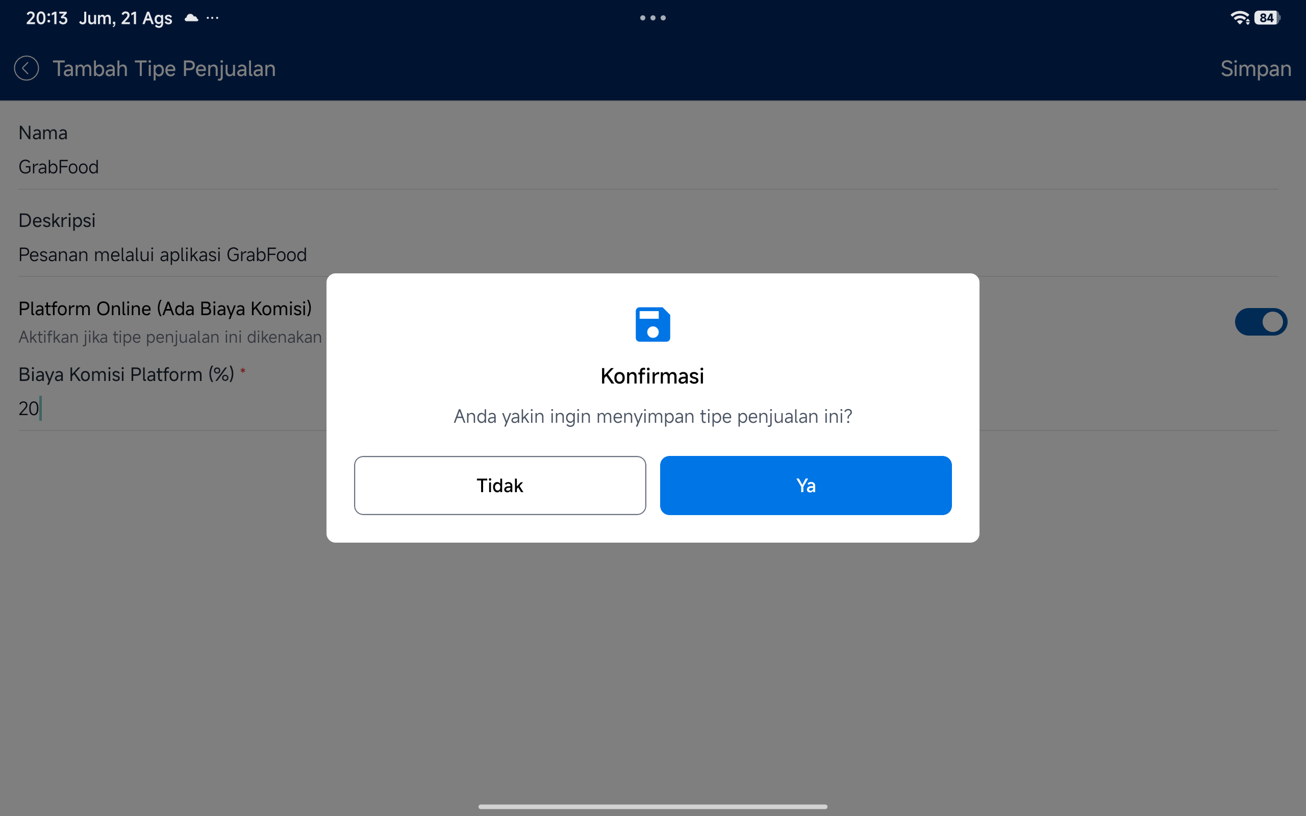 Dialog konfirmasi simpan tipe penjualan