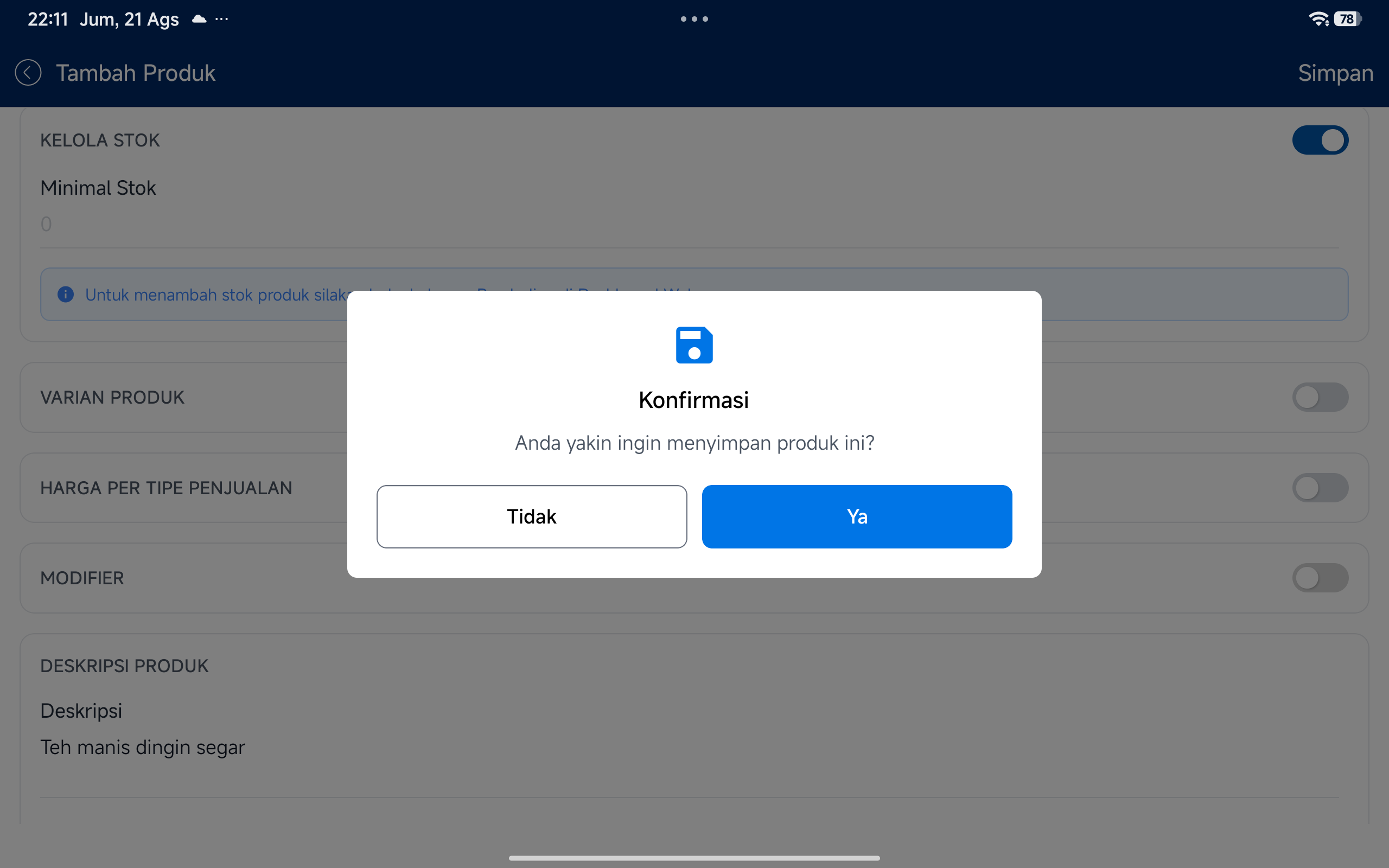 Dialog konfirmasi simpan produk
