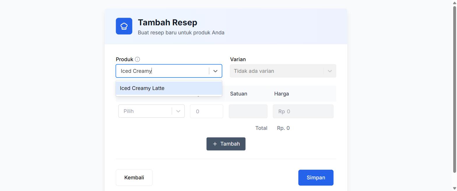 Dropdown pilih produk menampilkan produk yang resepnya belum lengkap