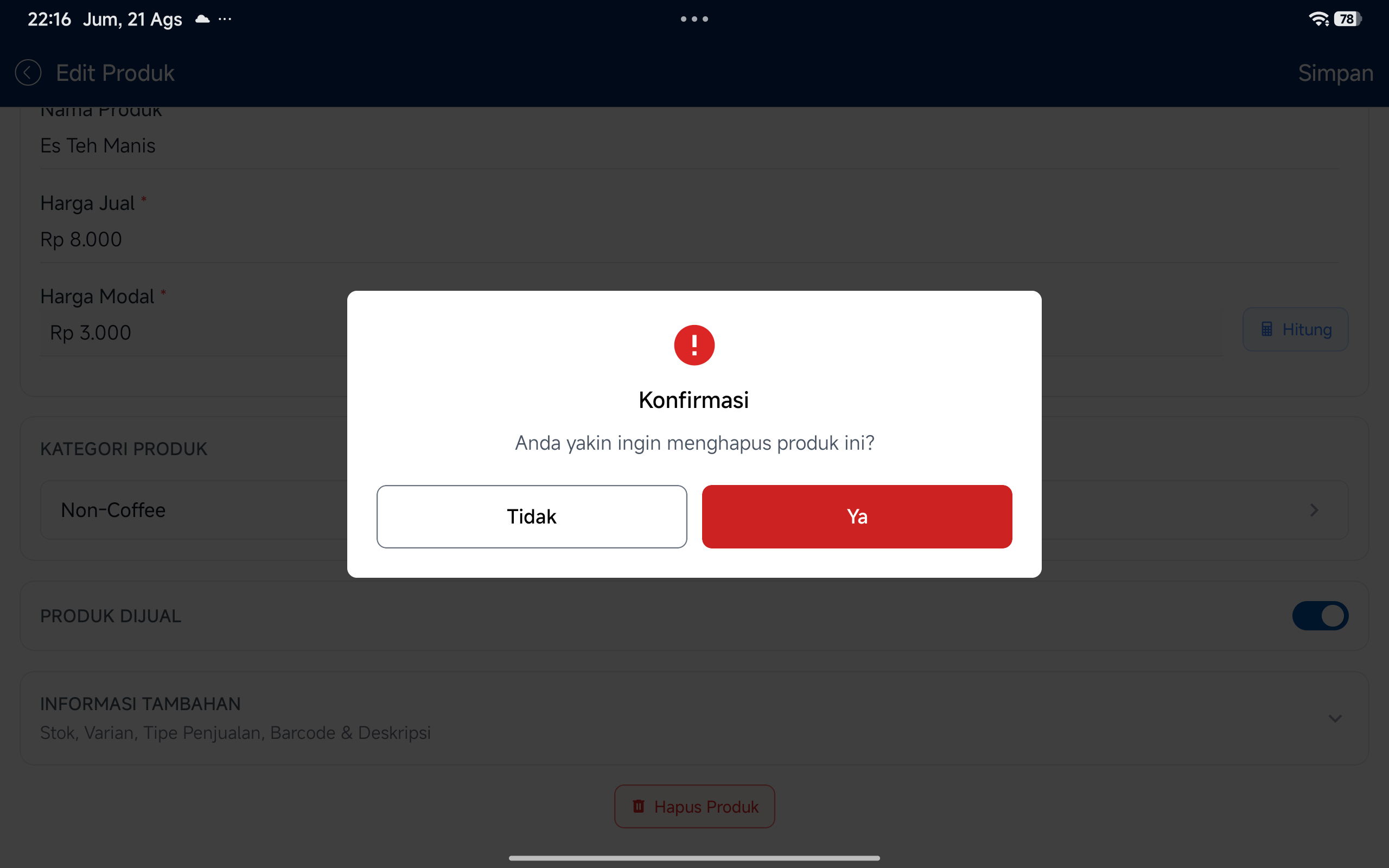 Dialog konfirmasi hapus produk