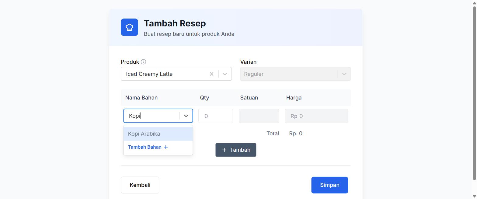 Memilih bahan Kopi Arabika pada form resep