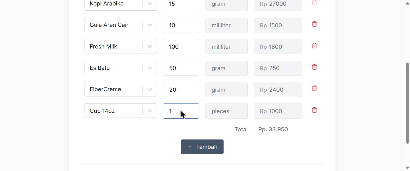 Form resep terisi lengkap dengan 6 bahan dan total HPP
