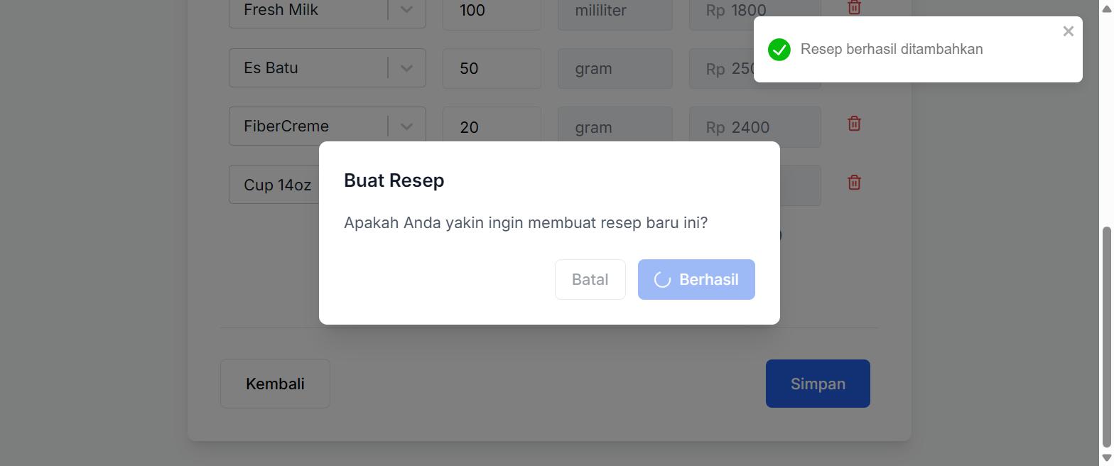 Notifikasi resep berhasil ditambahkan