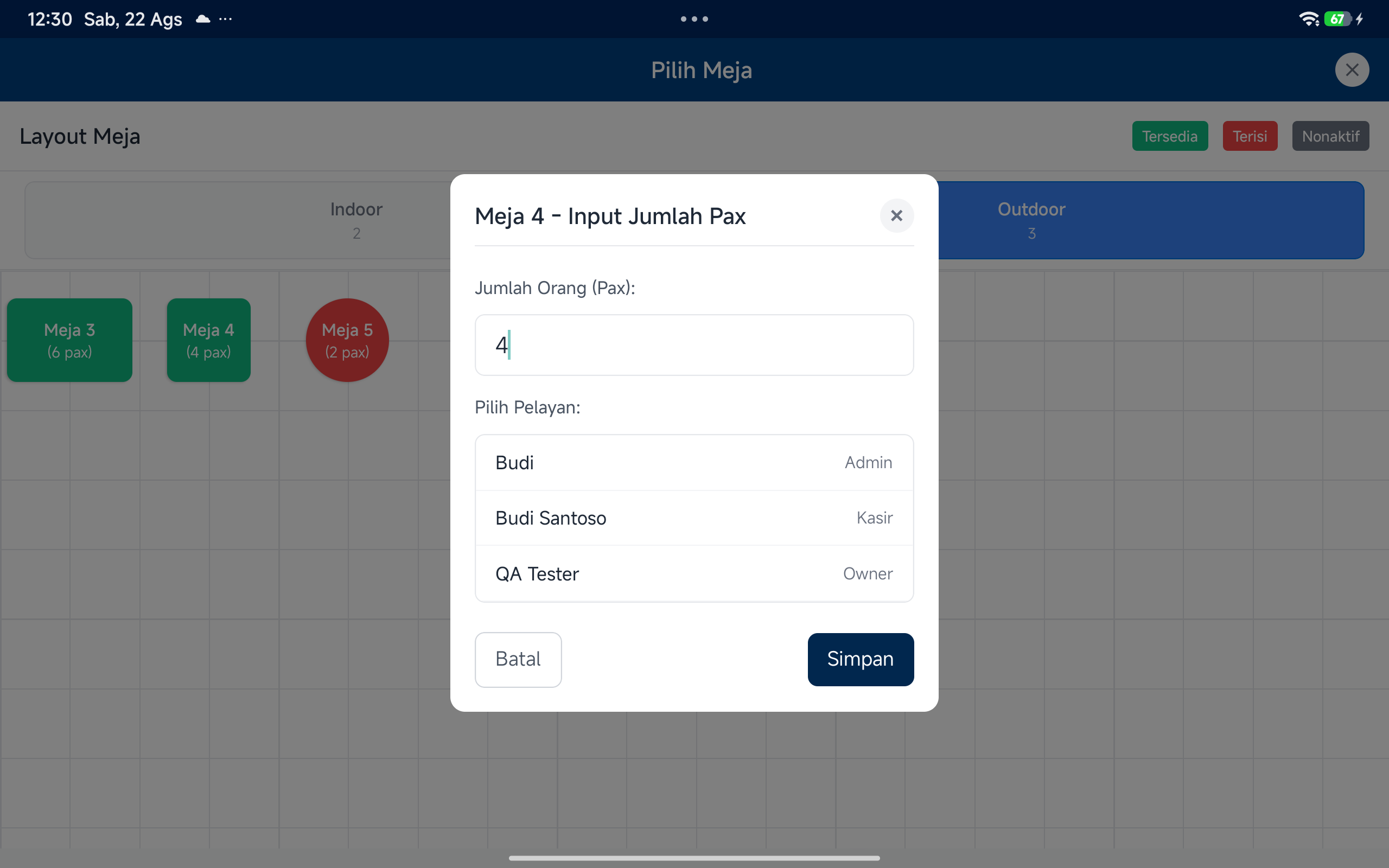 Input Jumlah Pax dan Pelayan