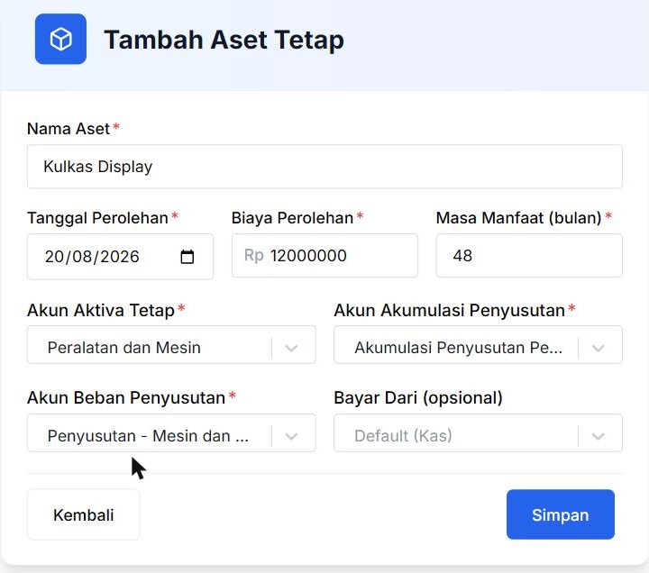 Form Tambah Aset Tetap terisi contoh Kulkas Display