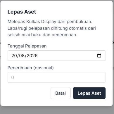 Dialog Lepas Aset dengan Tanggal Pelepasan dan Penerimaan