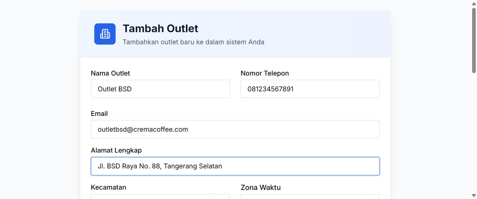 Form Tambah Outlet sudah terisi data