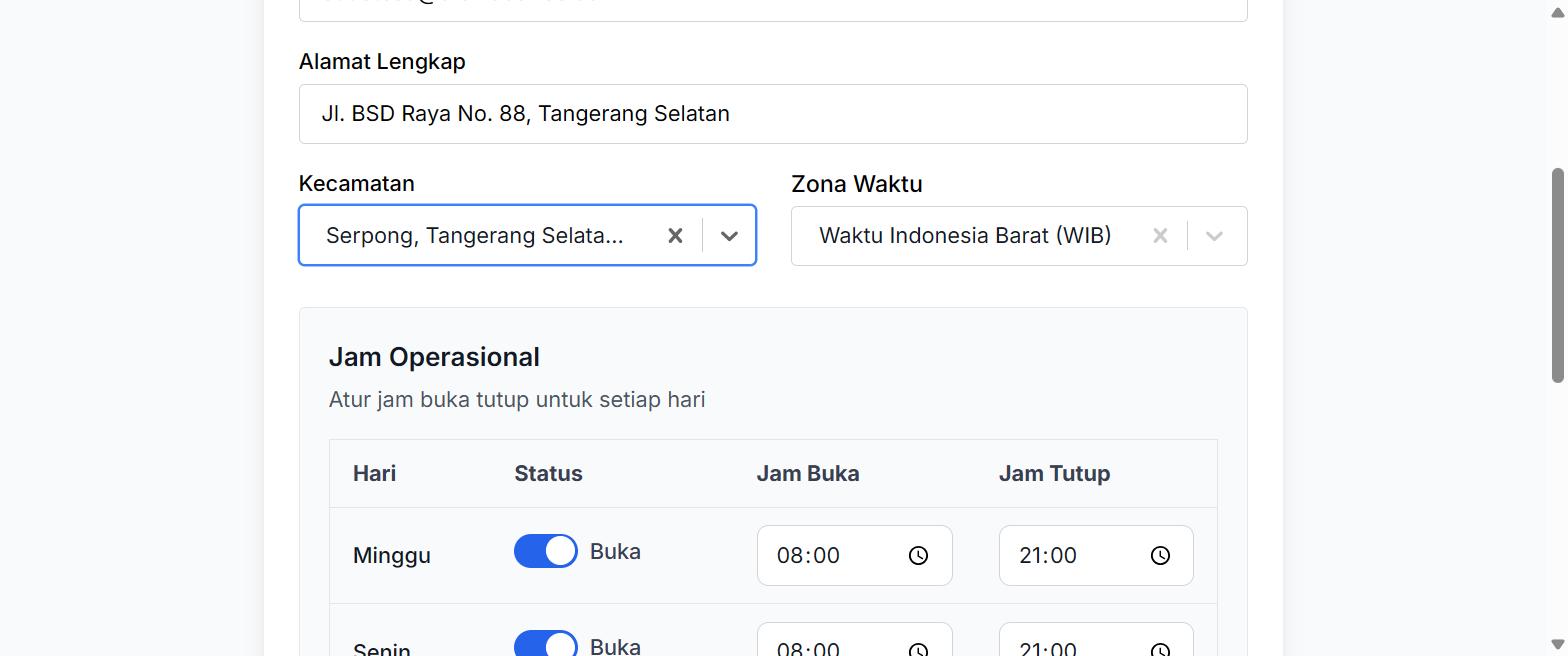 Pengisian kecamatan, zona waktu, dan jam operasional