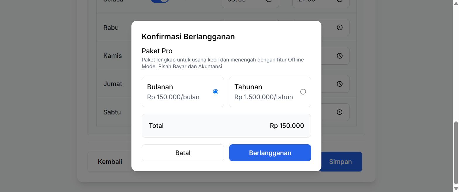 Modal konfirmasi berlangganan paket Pro