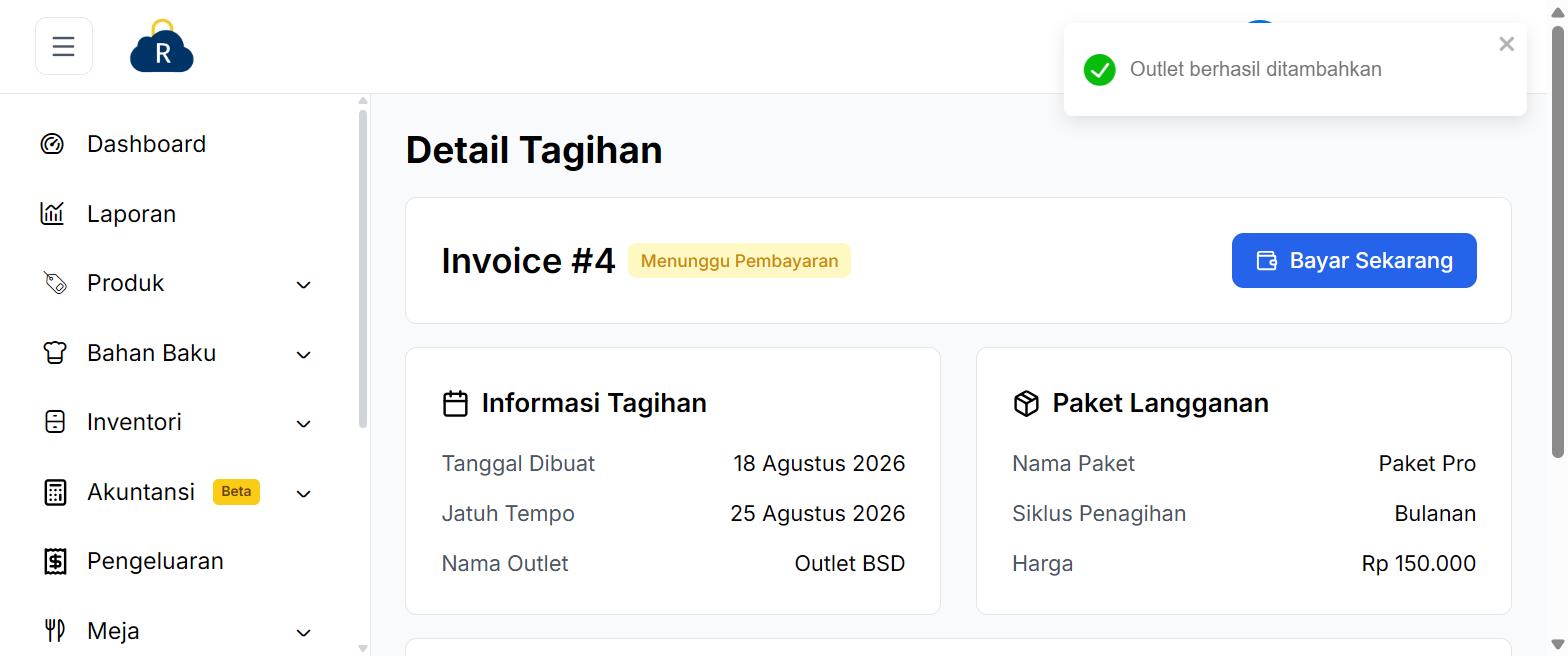 Halaman detail tagihan dengan status menunggu pembayaran