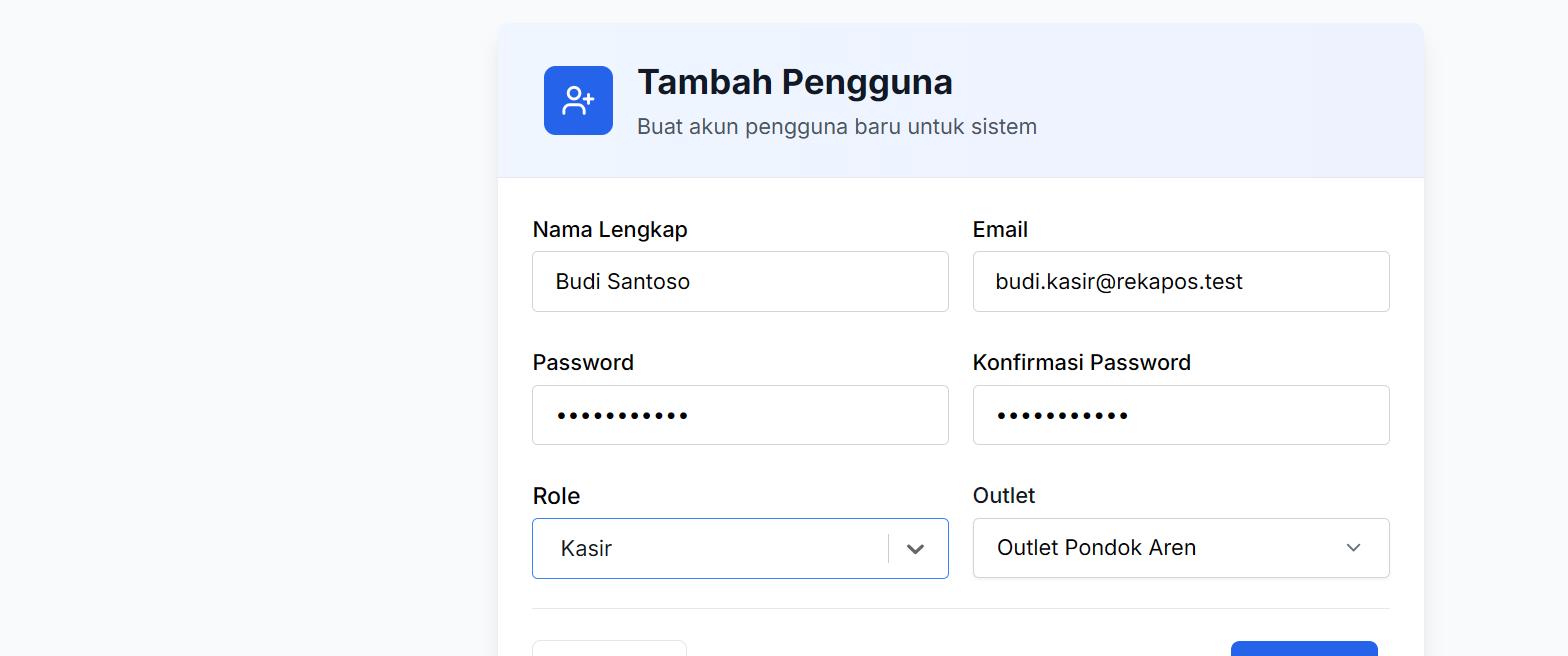 Form Tambah Pengguna terisi dengan Role Kasir