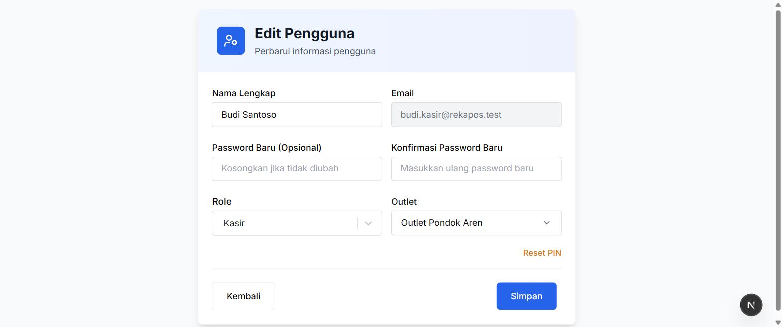 Halaman Edit Pengguna dengan opsi Reset PIN