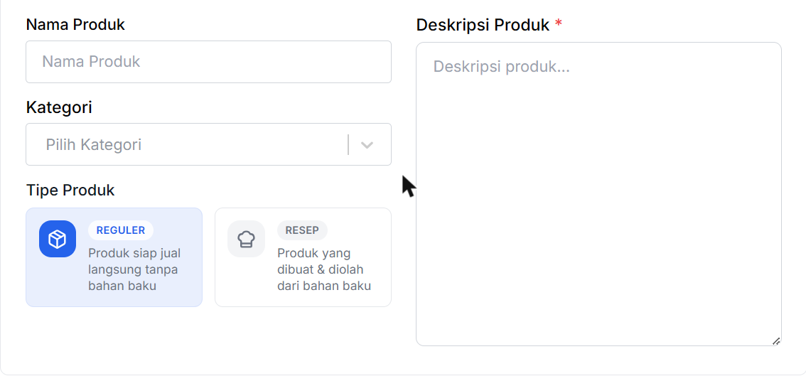 Field Nama Produk, Kategori, dan Tipe Produk