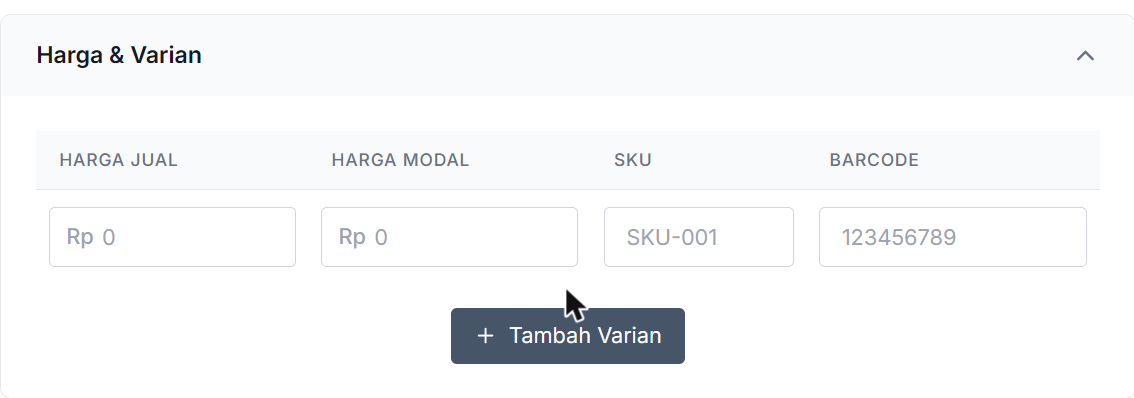Section Harga dan Varian