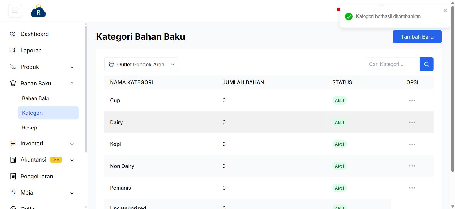 Daftar Kategori Bahan Baku: Cup, Dairy, Kopi, Non Dairy, Pemanis