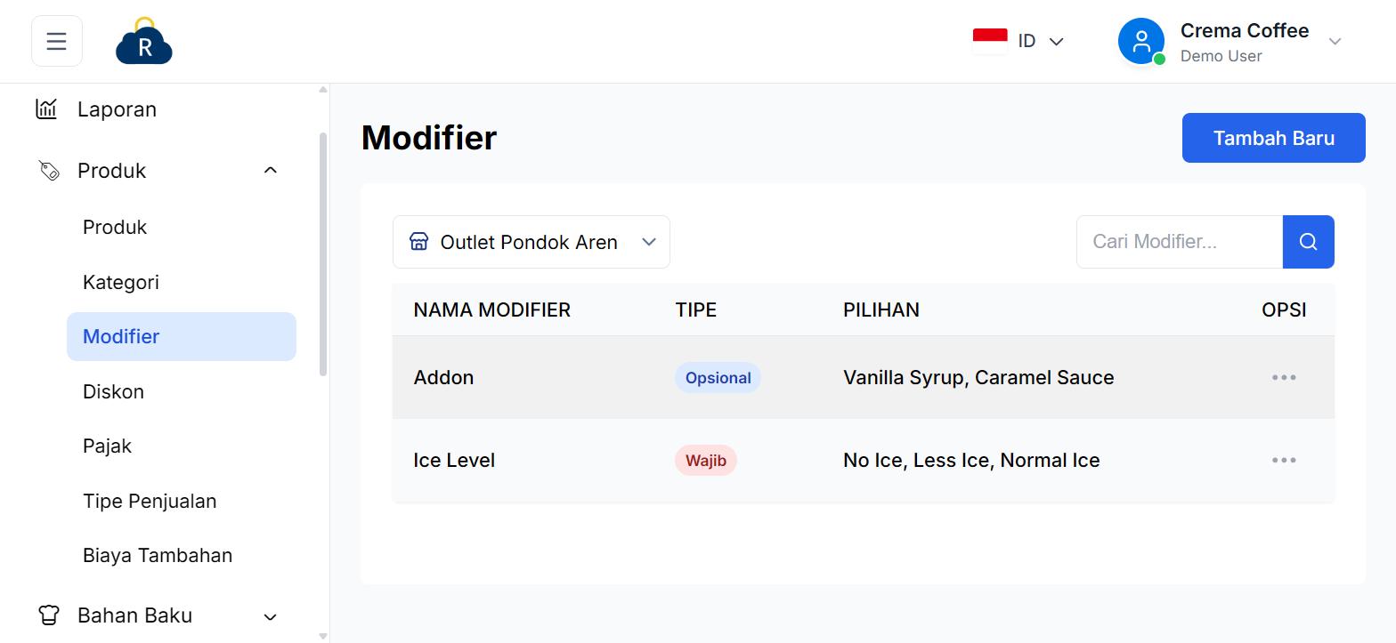 Daftar Modifier: Addon (Opsional) dan Ice Level (Wajib)